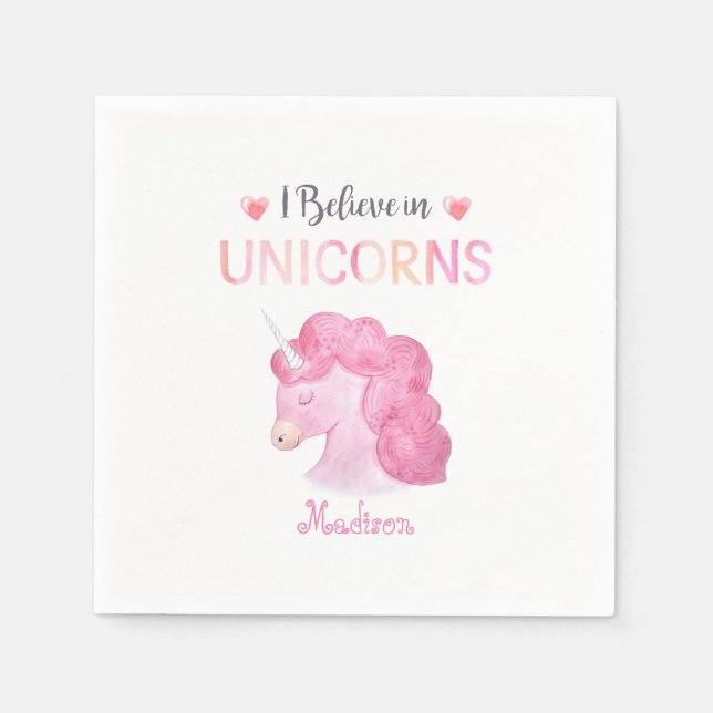 I Believe in Unicorns Pink Name Birthday Girly Napkin (Front)