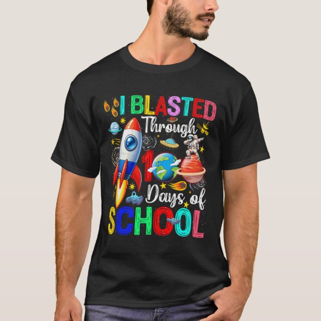 I Blasted Through 100 Days School Colourful Rocket T-Shirt (Front)