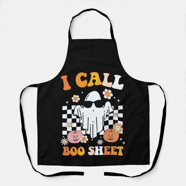 I Call Boo Sheet Halloween Retro Ghost Apron (Front)