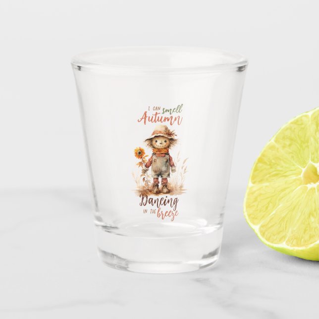 I Can Smell Autumn – Rustic Scarecrow & Sunflower Shot Glass (Front)
