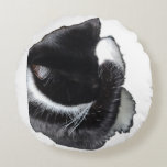I Can't Even Right Meow Round Cushion<br><div class="desc">Introducing Binx... This humorous image features a black-and-white tuxedo cat curled up with one paw dramatically covering his face, as if he has completely given up on the day. With his head tucked down and eyes hidden, the cat looks adorably fed up—like he just heard the most ridiculous thing imaginable...</div>