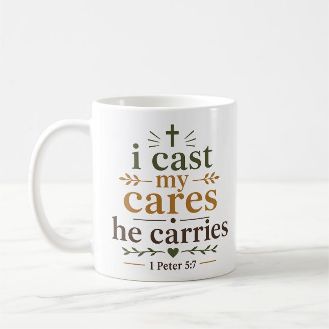 I Cast My Cares He Carries Christian Scripture Coffee Mug (Left)