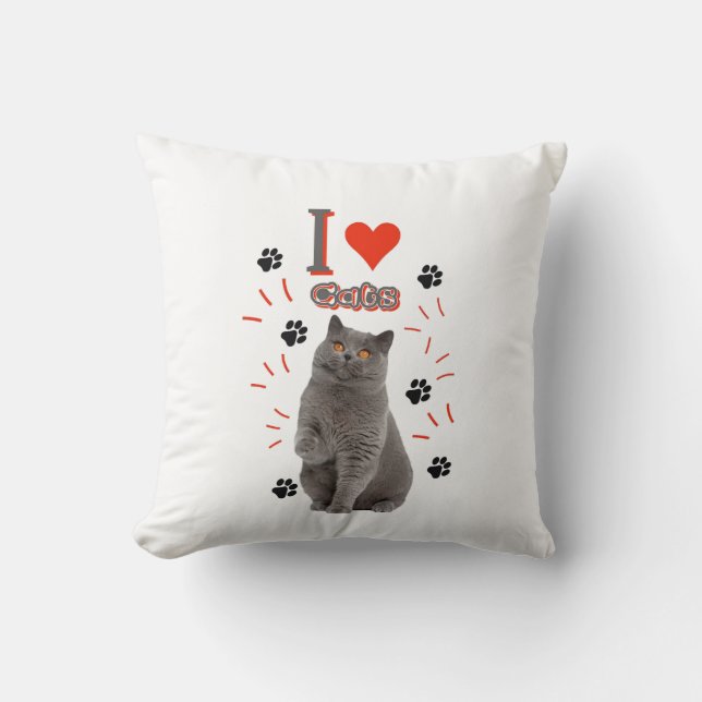 I ❤️ Cats – Cute Cat & Paw Print Design Cushion (Front)