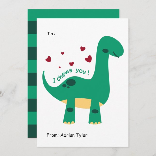 I Chews You Cute Dinosaur Classroom Valentines Day Holiday Card (Front/Back)