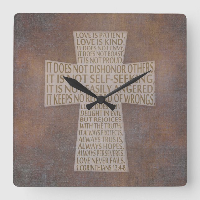 I Corinthians 13 Love Chapter Cross Rustic Square Wall Clock (Front)