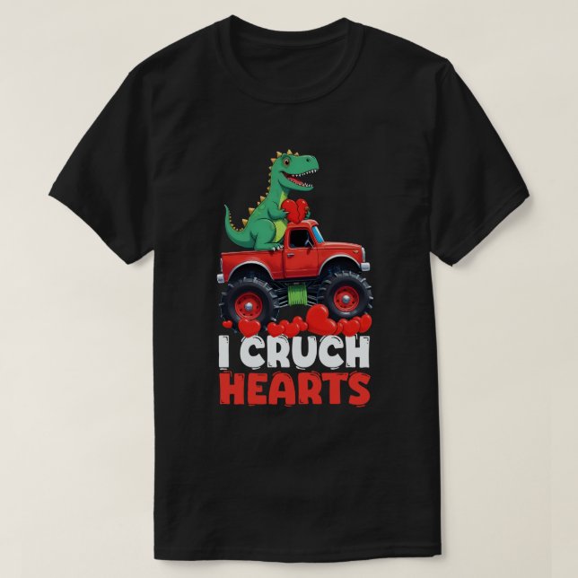 I Crush Hearts Valentines Day T Rex Riding Truck T-Shirt (Design Front)