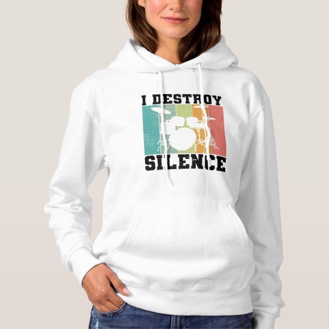 I Destroy Silence Distressed Vintage Drummer Retro Hoodie (Front)