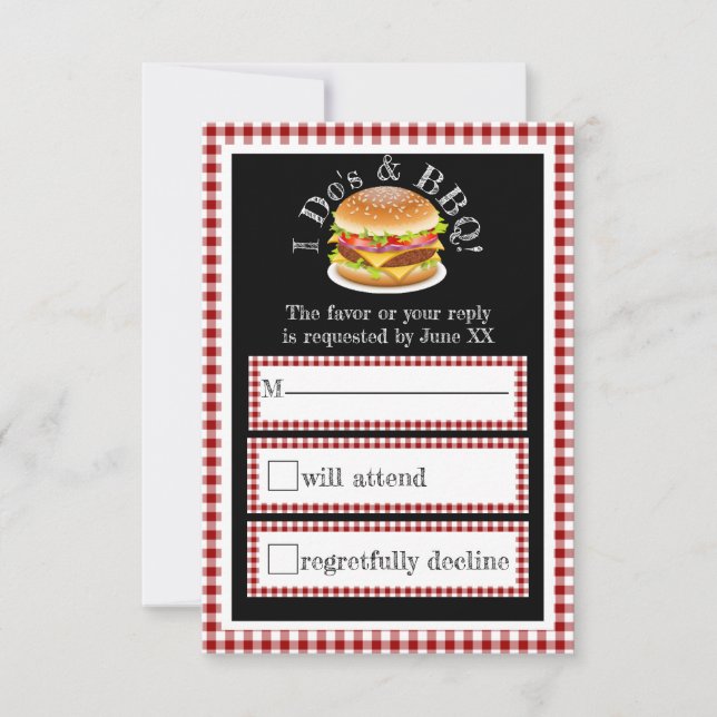 I Do and BBQ Gingham Hamburger Casual Wedding RSVP Card (Front)