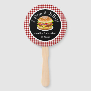 I Do and BBQ Red Gingham Hamburger Casual Wedding Hand Fan