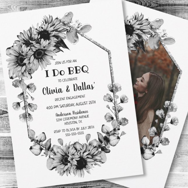 I Do BBQ Black White Sunflower Photo Engagement Invitation (Creator Uploaded)