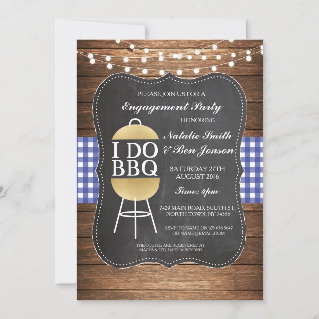 I DO BBQ Blue Gold Chalk Couples Shower Invite (Front)