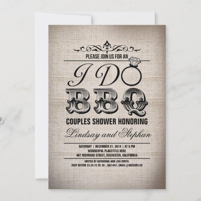 I do BBQ burlap couples shower invitation (Front)
