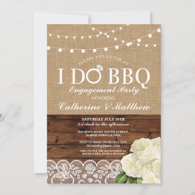 I DO BBQ Burlap Wood Lace Lights Chalk Rose Invite (Front)