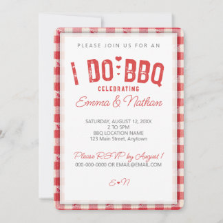 I DO BBQ casual wedding shower red gingham hearts Invitation