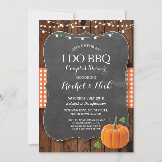 I DO BBQ Couples Shower Chalk Pumpkin Wood Invitation (Front)