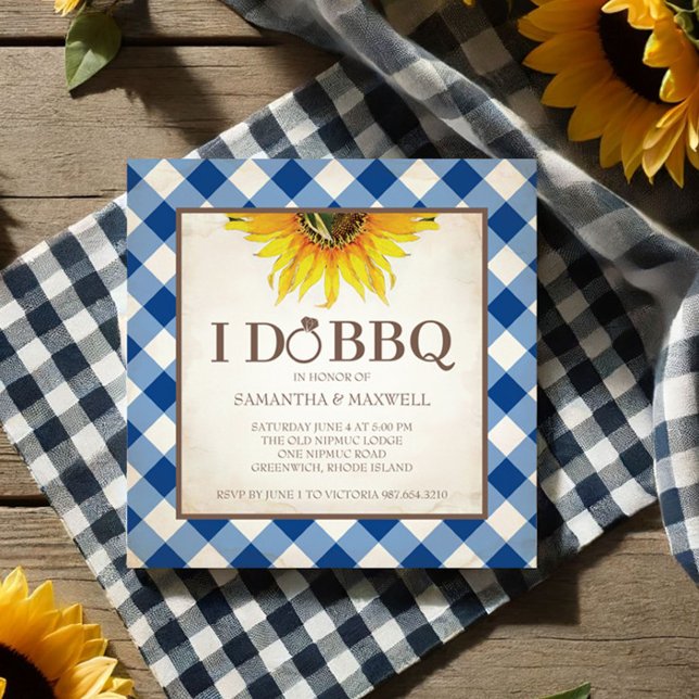 I Do BBQ Couples Shower Invitation (bbq bridal shower invitations features yellow sunflower and blue gingham print.)