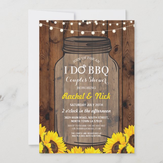 I DO BBQ Couples Shower Jar Wood Sunflower Invite (Front)