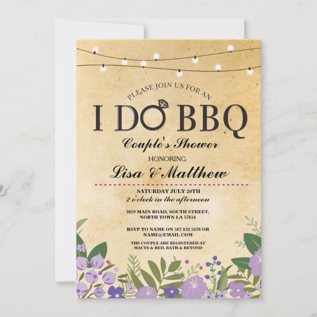 I DO BBQ Couples Shower Light Purple Floral Invite (Front)