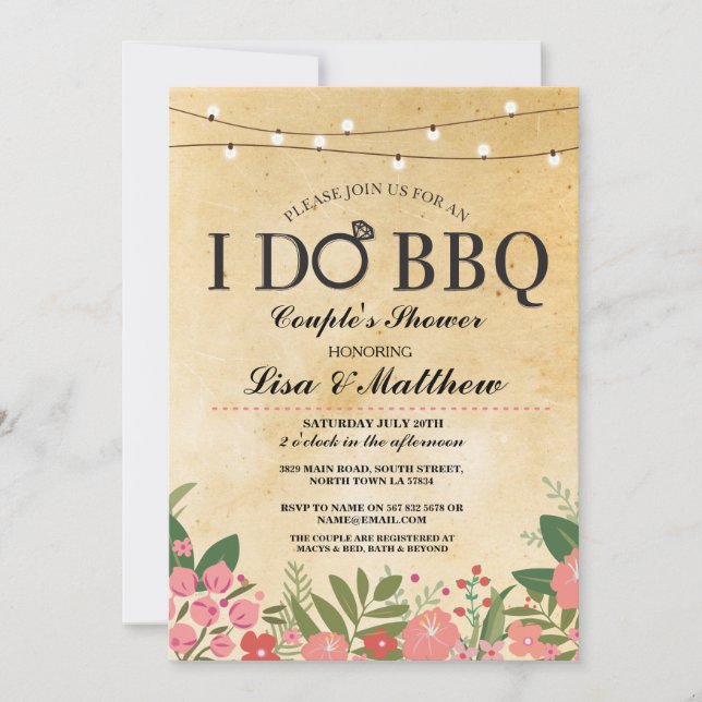 I DO BBQ Couples Shower Lights Coral Floral Invite (Front)