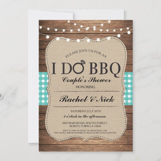 I DO BBQ Couples Shower Lights Gingham Teal Invite (Front)