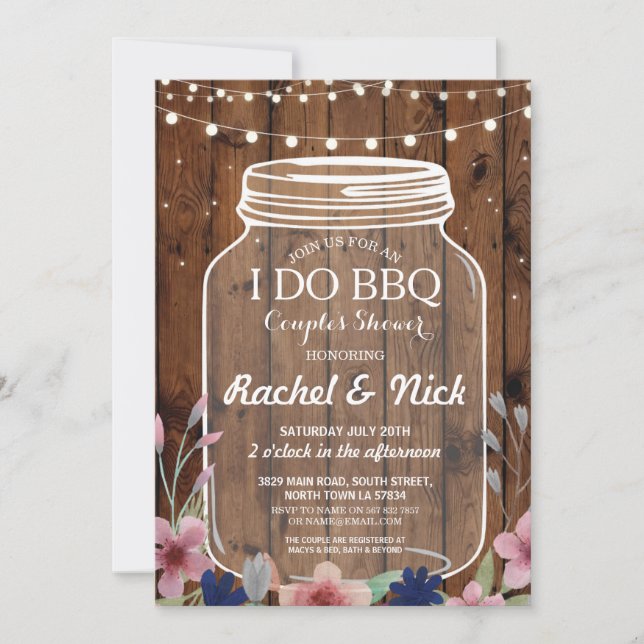 I DO BBQ Couples Shower Lights Wood Floral Invite (Front)