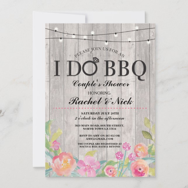 I DO BBQ Couples Shower Lights Wood Flowers Invite (Front)