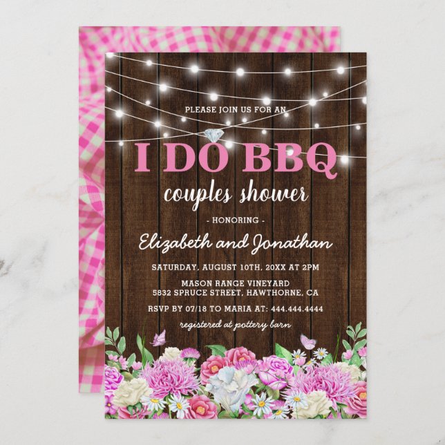 I Do BBQ Couples Shower | Rustic Pink Floral Invitation (Front/Back)