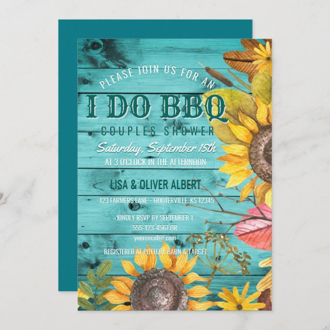 I Do BBQ Couples Shower Rustic Sunflowers Wood Invitation (Front/Back)