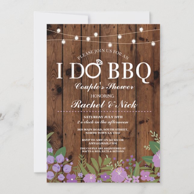 I DO BBQ Couples Shower String Lights Wood Invite (Front)