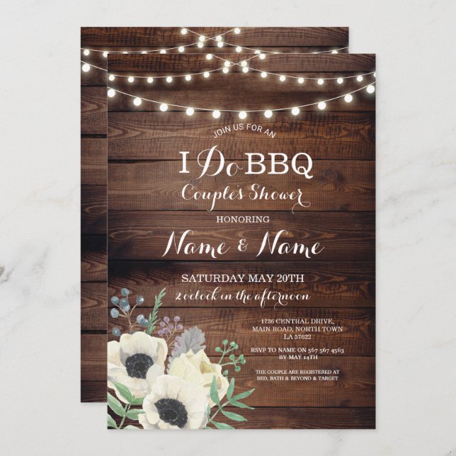 I Do BBQ Couple's Shower White Floral Anemone Wood Invitation (Front/Back)