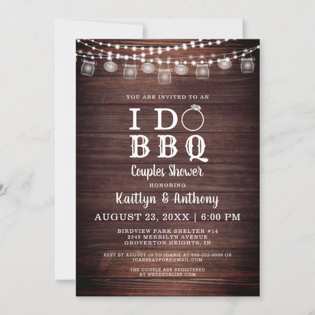 I DO BBQ Couples Shower Wood Mason Jar Lights Invitation (Front)