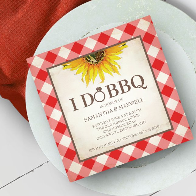 I Do BBQ Engagement Bridal Shower Invitation (I do BBQ invitations feature a watercolor sunflower with a red gingham print boarder. )