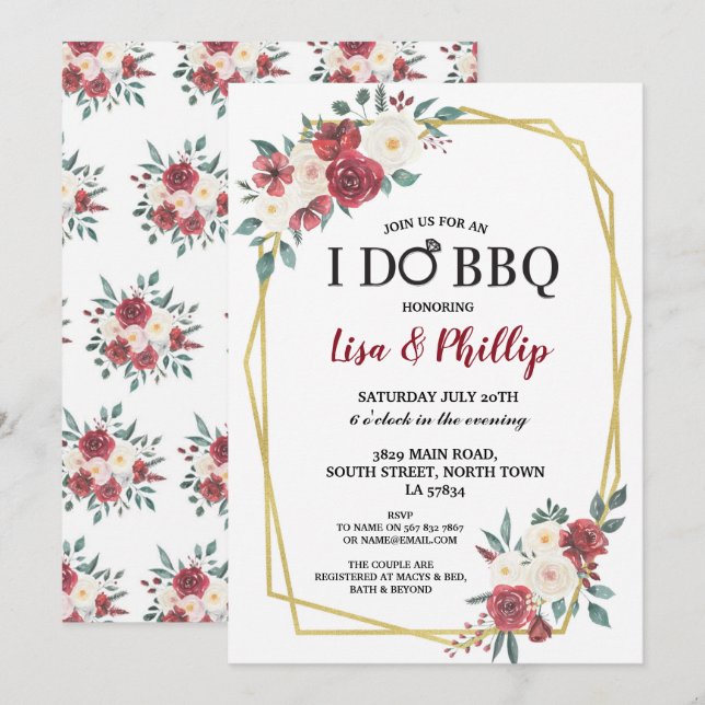 I Do BBQ Engagement Gold Frame Burgundy Flowers Invitation (Front/Back)