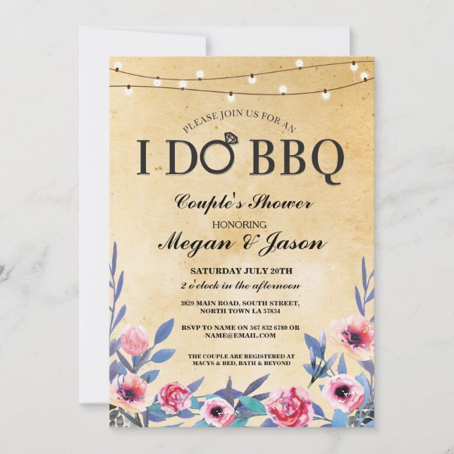 I DO BBQ Engagement Lights Vintage Flower Invite (Front)