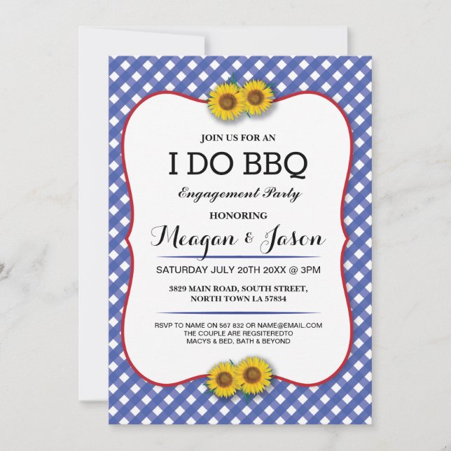 I DO BBQ Engagement Party Blue Sunflower Invite (Front)