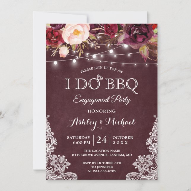 I DO BBQ Engagement Party Burgundy Floral Lights Invitation (Front)