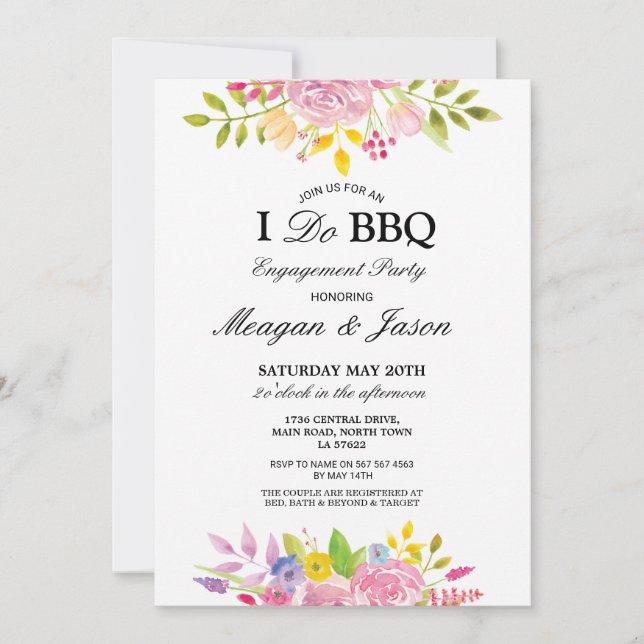 I Do BBQ Floral Pink Pretty Engagement Invitations (Front)