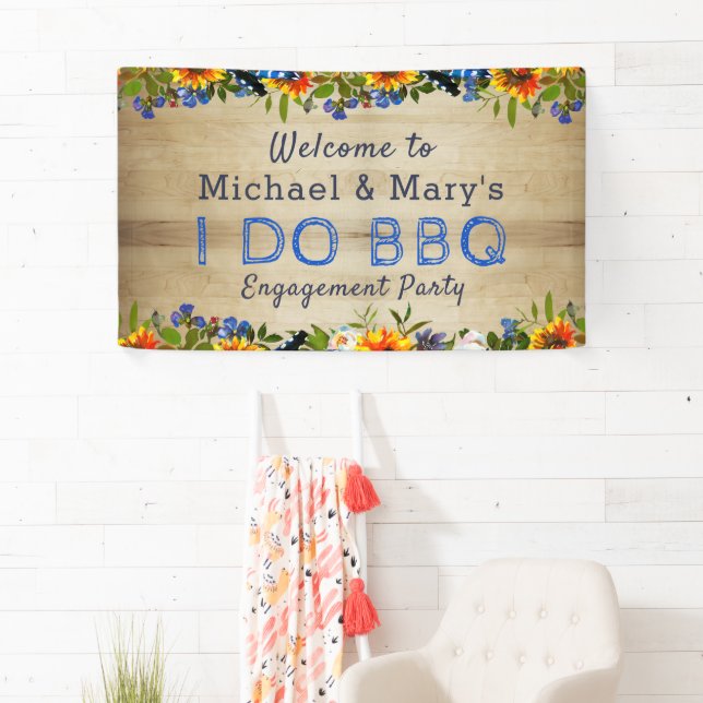 I DO BBQ Floral Wood Monogram Engagement Welcome Banner (Insitu)