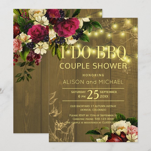 I do bbq gold lights barnwood floral couple shower invitation (Front/Back)
