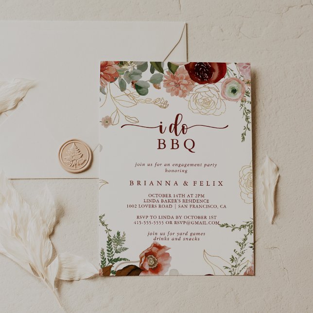 I Do BBQ Gold Rustic Floral Engagement Party   Invitation (Creator Uploaded)