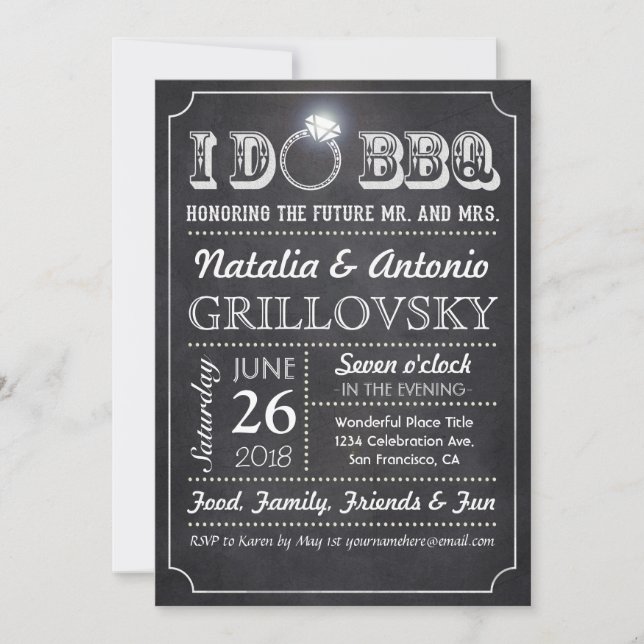 I DO BBQ Invitations | Chalkboard & Diamond Ring (Front)