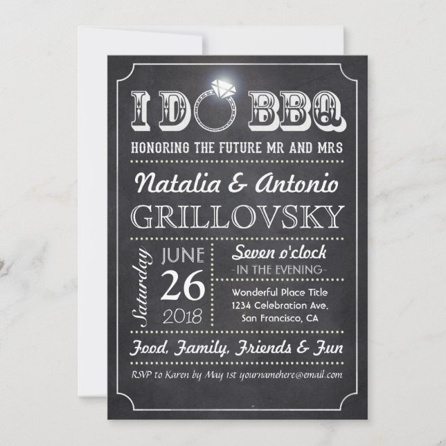 I DO BBQ Invitations | Chalkboard & Diamond Ring (Front)