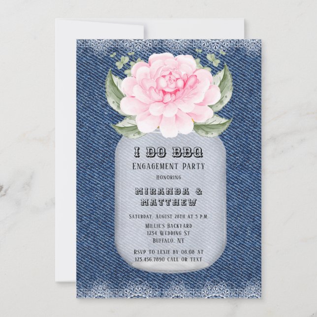 I Do BBQ Mason Jar Pink Peony Engagement Party Invitation (Front)