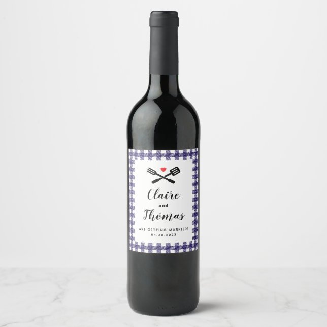 I Do BBQ Navy Blue Picnic Couples Name Wine Label (Front)