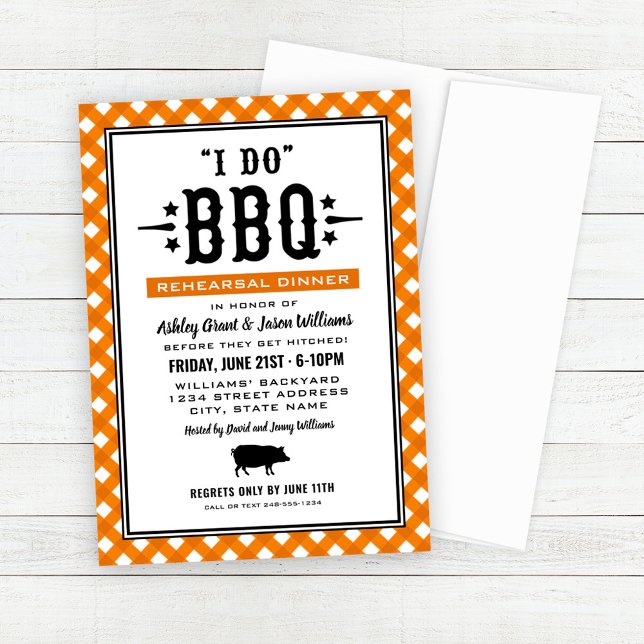 I Do BBQ Orange Gingham Wedding Rehearsal Dinner Invitation (Creator Uploaded)