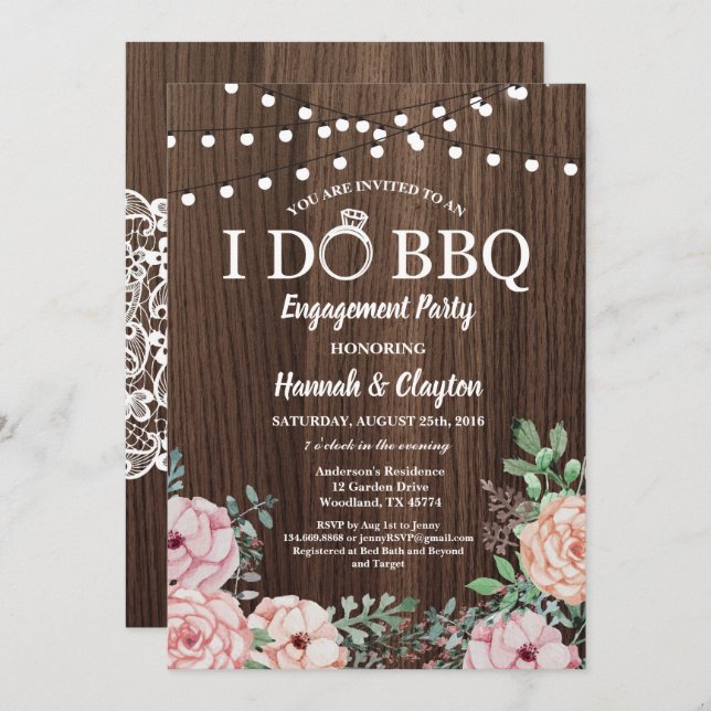 I do BBQ party invitation - rustic wood pink roses (Front/Back)