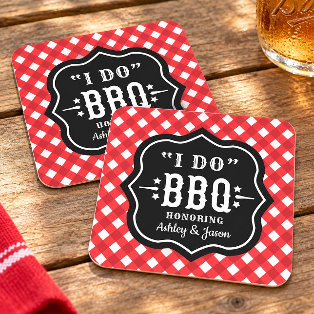 I Do BBQ Red Gingham Wedding Square Paper Coaster (Creator Uploaded)