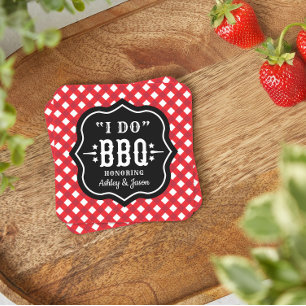 I Do BBQ Red Gingham Wedding Square Paper Coaster