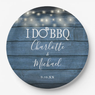 I Do BBQ Rustic Blue Wood String Lights Engagement Paper Plate
