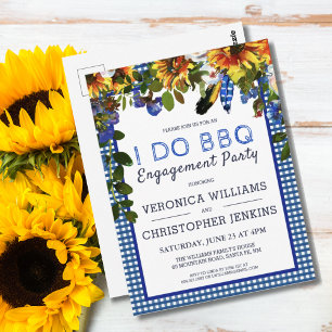 I DO BBQ Rustic Floral Blue Plaid Engagement  Postcard